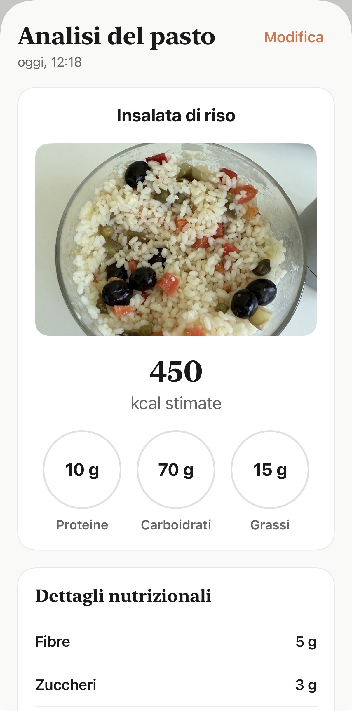Schermata analisi pasto con stima calorie