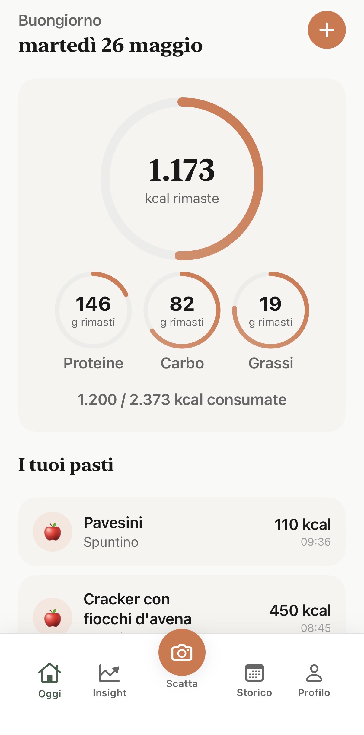 Dashboard InPiatto con ring calorie e pasti del giorno