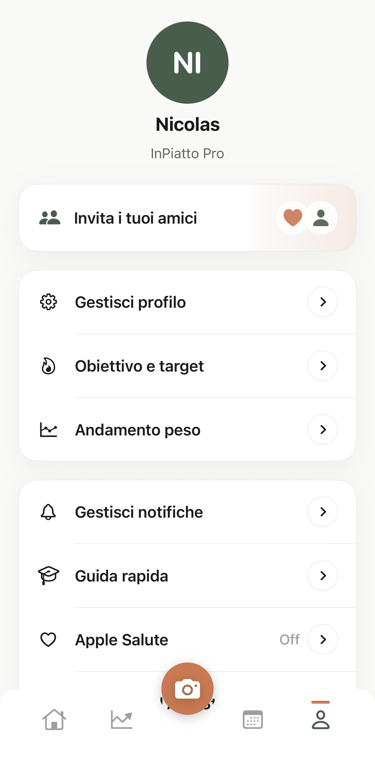 Schermata profilo con obiettivi e impostazioni